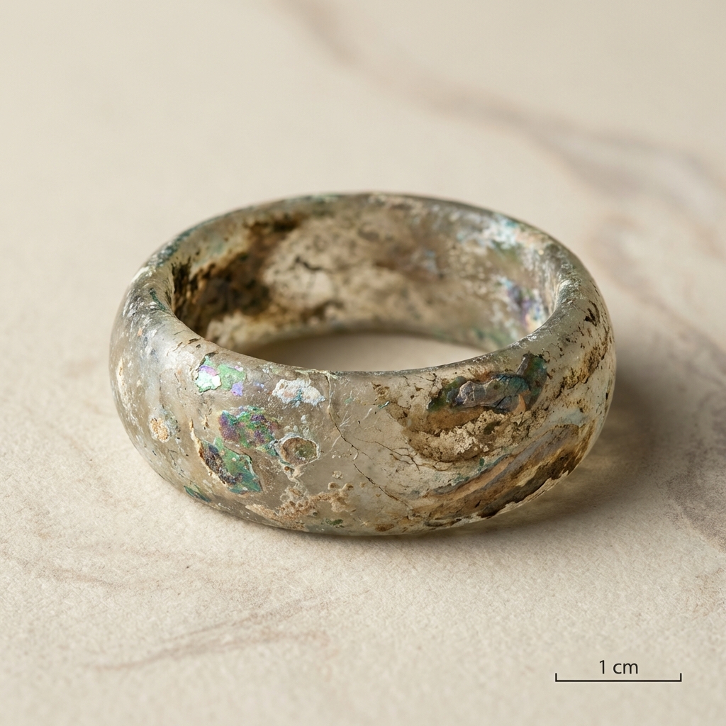 Macro photograph of an ancient roman glass ring showing iridescence and weathering textures with a labeled metric scale bar on a clean beige background #ede7da minimalist Aurora Antiqua style full frame no black bars