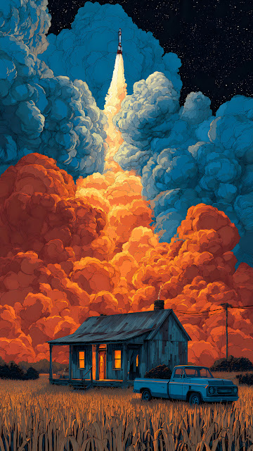 Epic Rocket Launch Over Rustic Farmhouse Illustration - Free mobile Wallpaper