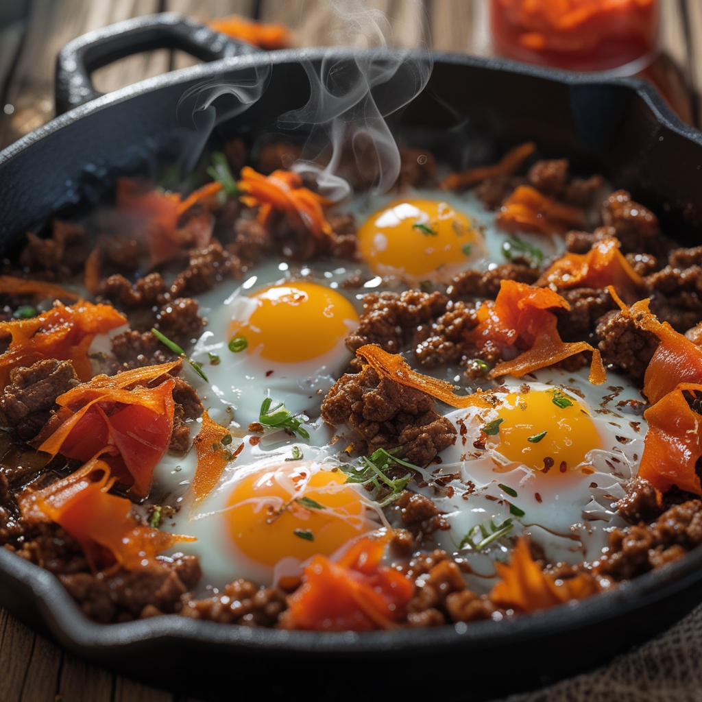 High-Protein Korean Bulgogi Beef & Egg Bake with Crispy Kimchi