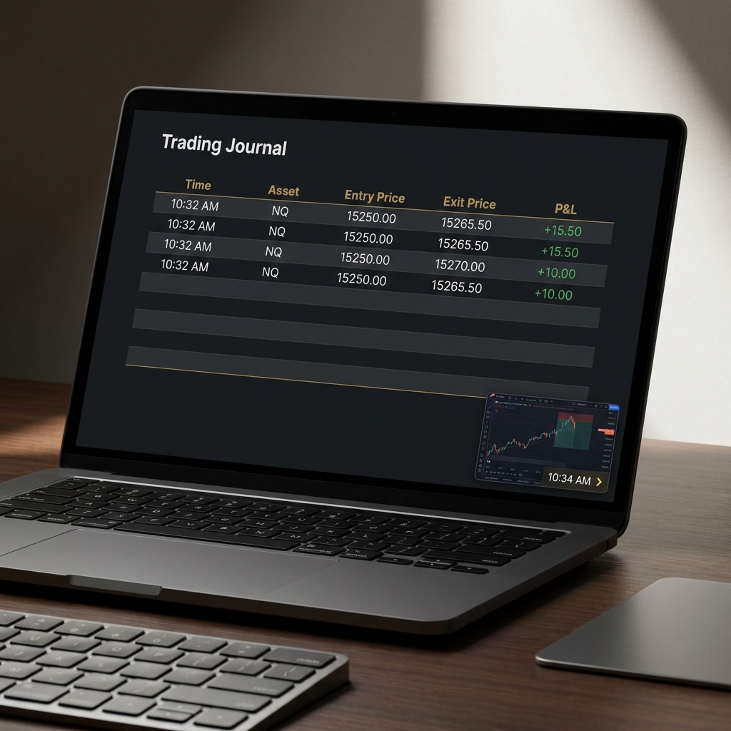 How to Journal Live Trades Accurately close up of a laptop screen showing a minimalist trading journal spreadsheet with a time stamped screenshot thumbnail in Funded Plays brand colors