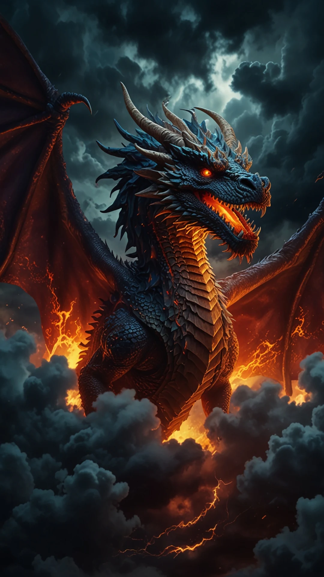 Blue-Scaled Dragon Roaring Amidst Storm Clouds - Free 4K mobile Wallpaper
