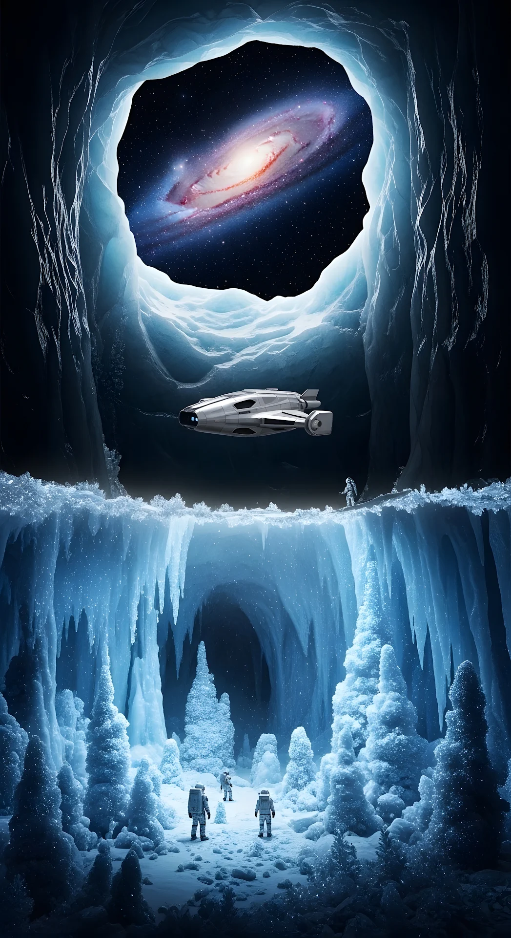 Surreal Ice Cavern with Alien Spacecraft and Galaxy - Free 4K mobile Wallpaper