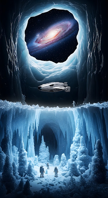Surreal Ice Cavern with Alien Spacecraft and Galaxy - Free mobile Wallpaper