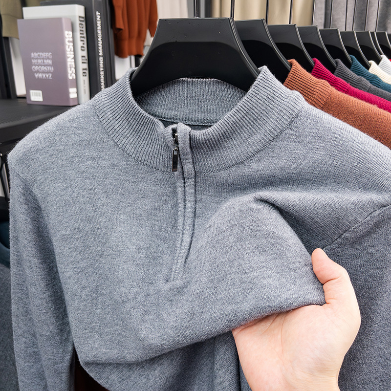 Men's Wool Pullover with Stand-Up Collar and Zipper