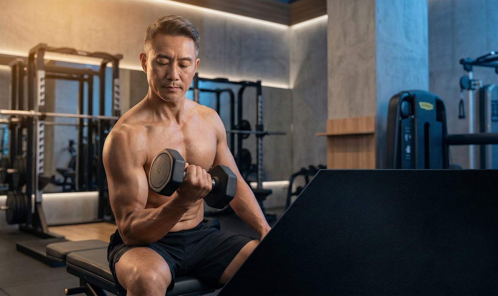 비대 원리를 적용한 중장년 스마트 웨이트 트레이닝 집중 훈련 장면