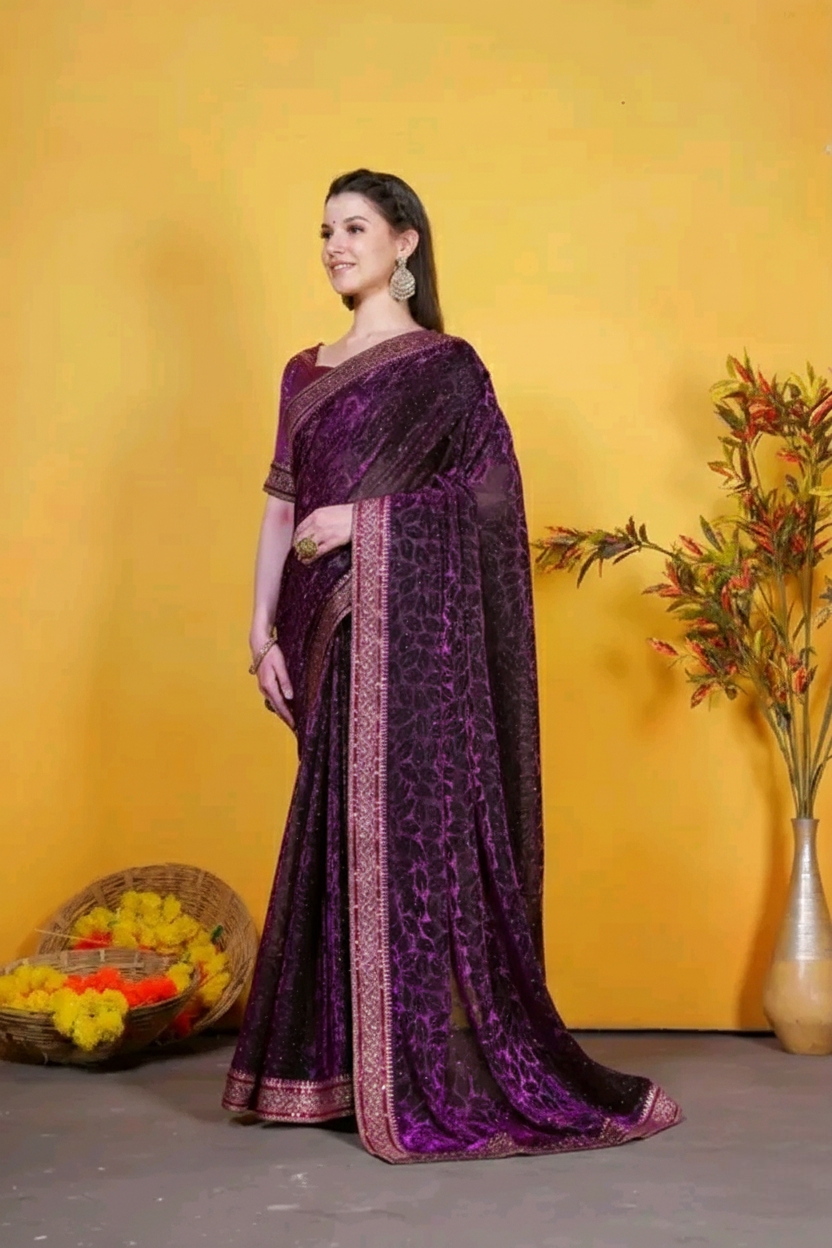 Party wear saree for women and girls with sequin  lace border and blouse piece farewell saree for girls