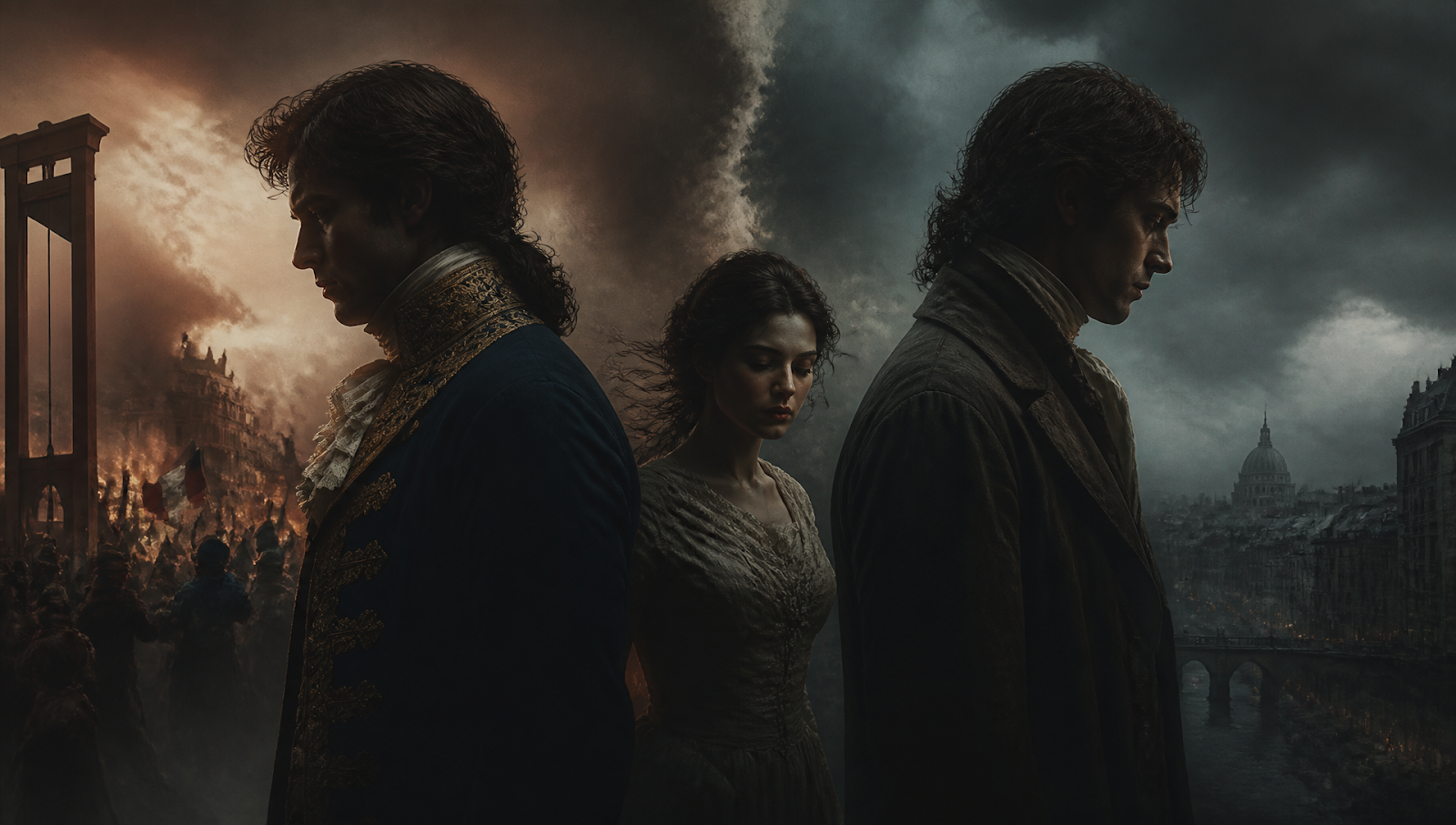 A Tale of Two Cities review featuring the main cast in a tense historical drama setting