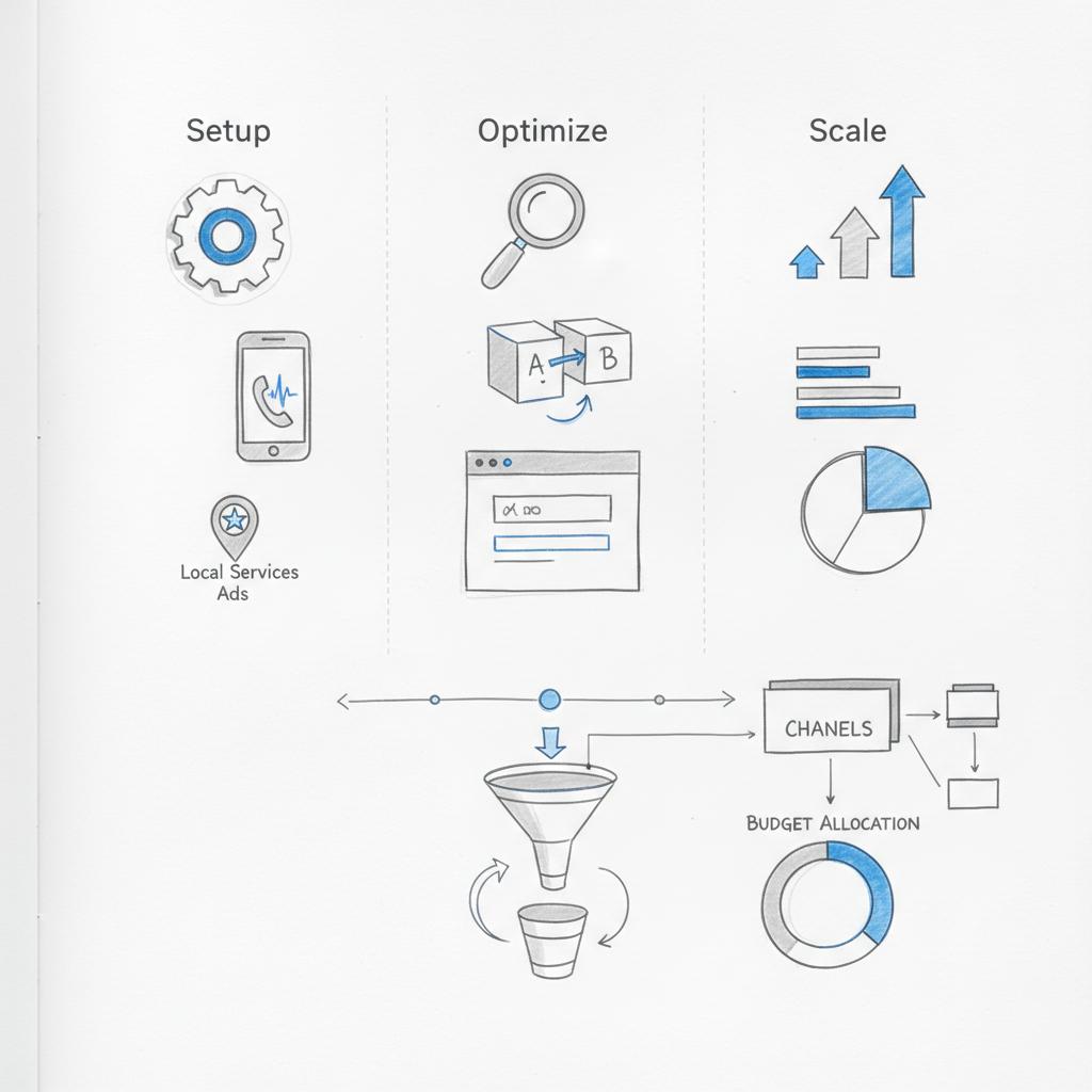 Minimal notebook sketch of a 90-day PPC in dentistry testing plan showing three icon columns (setup, optimize, scale) with call tracking, landing-page and budget diagrams