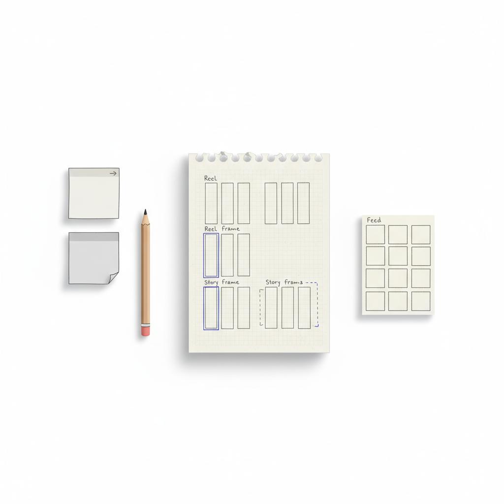 Minimal 2D vector flat‑lay of Instagram creative planning tools: pencil, sticky notes and a page with thumbnail sketches for reels, stories and feed, with #1a5bfb accent borders &mdash; benefits of Instagram ads