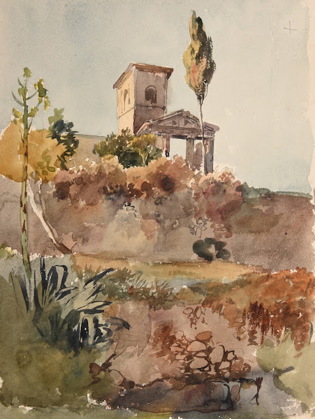 Jardin et église avec portique antique