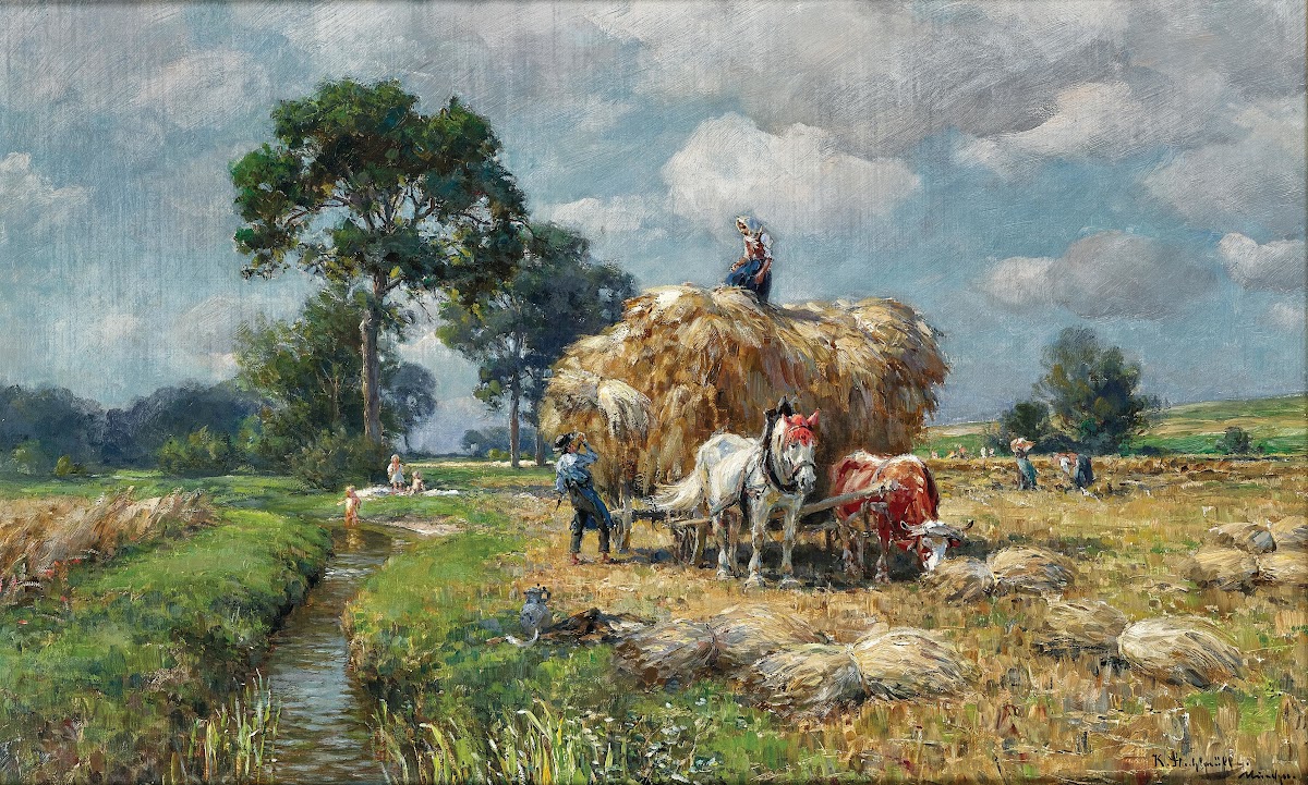 Summer harvest in the background children at a creek