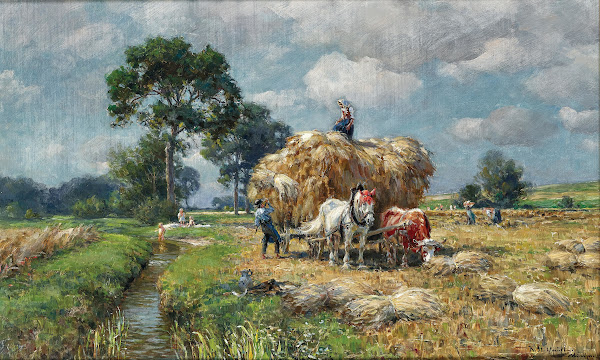 Summer harvest in the background children at a creek