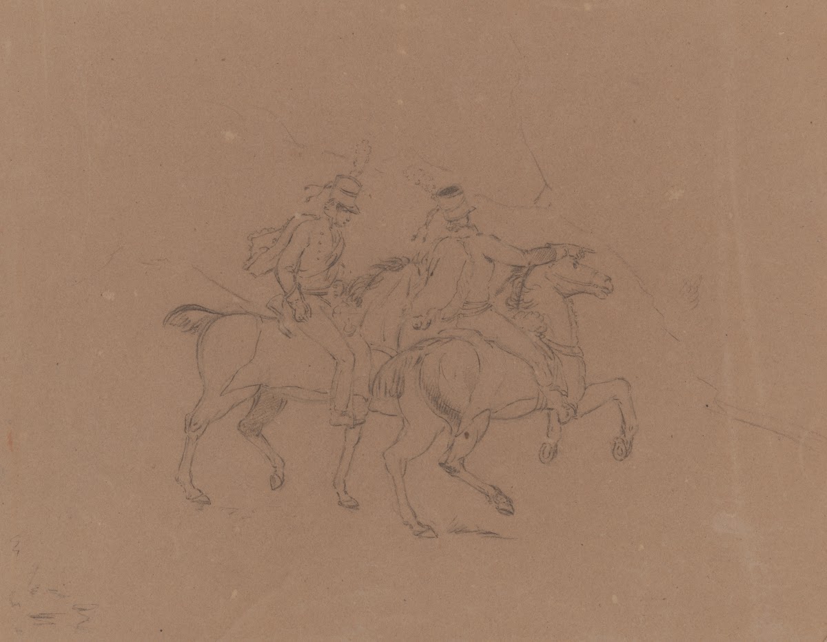 Sketch of cavalry on horseback seen from the side horses facing right 1809 1844