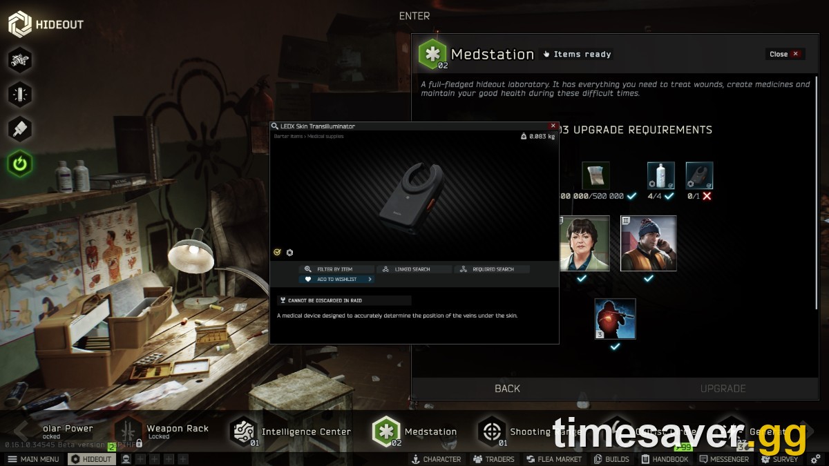 Escape from Tarkov Hideout Medstation interface showing LEDX and high-value medical items used in profit-flip barters