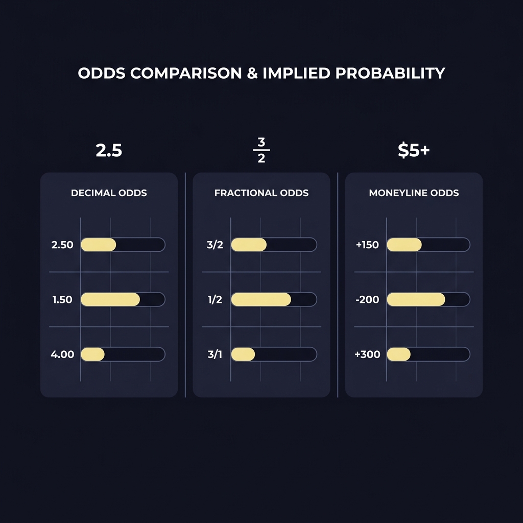Minimalist 2D vector comparison chart showing decimal fractional and moneyline odds with aligned implied probability bars to visually convert odds to probability on a Funded Plays dark background