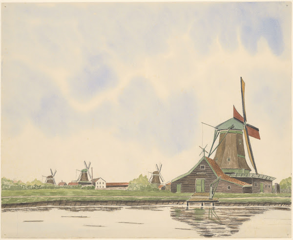 Oliemolen De Kerkuil aan de Zaan met drie molens op de achtergrond De Kerkuil st