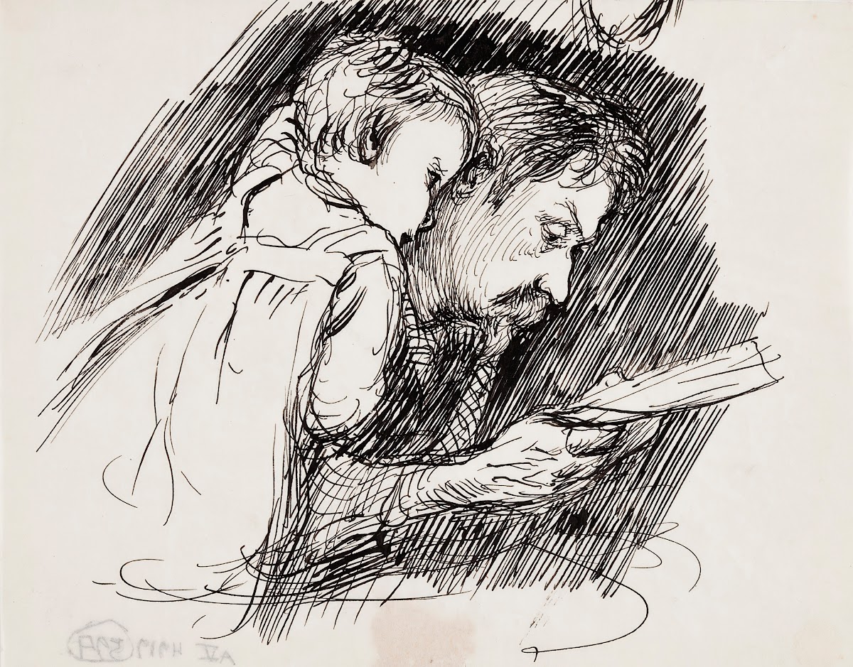 The father reads to the child