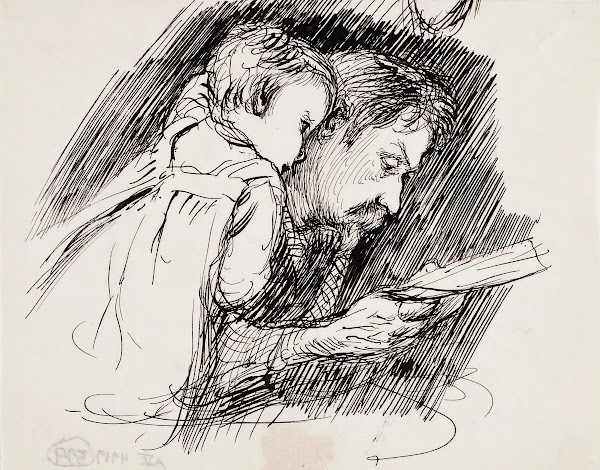 The father reads to the child