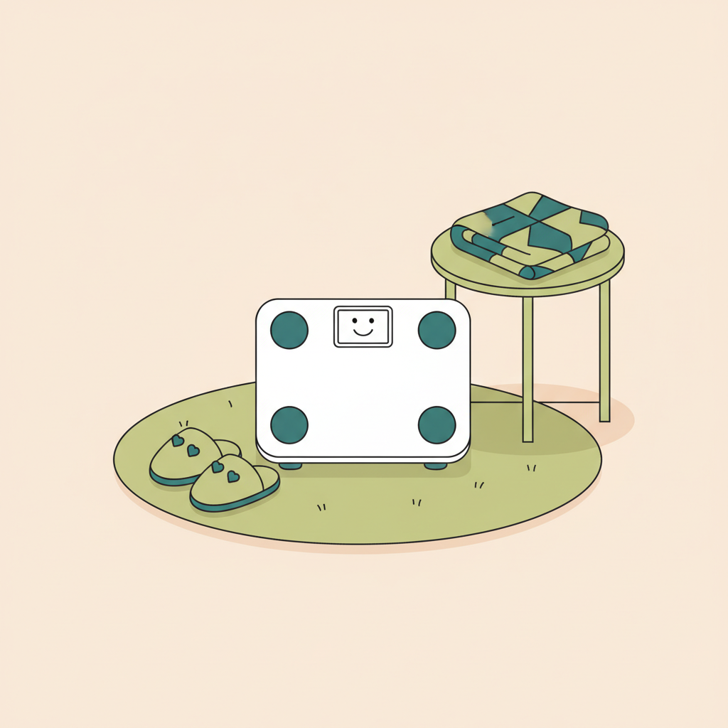 Minimalistische 2D-Illustration einer Waage mit Smiley auf dem Display auf Teppich neben Pantoffeln in einer hyggeartigen Szene, freundliche Stimmung, Brot zum Abnehmen