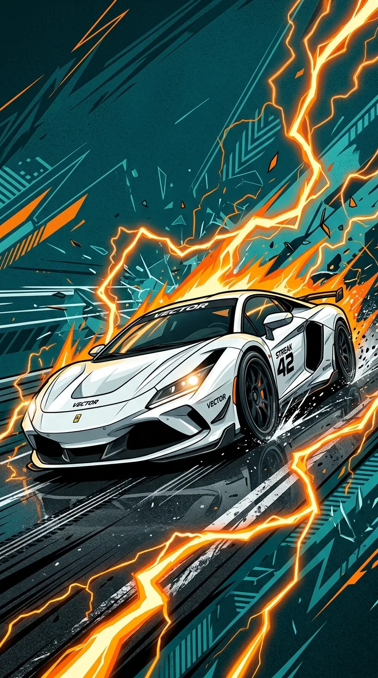 White Sports Car Speeding on Road with Orange Lightning Trails - Free 4K mobile Wallpaper