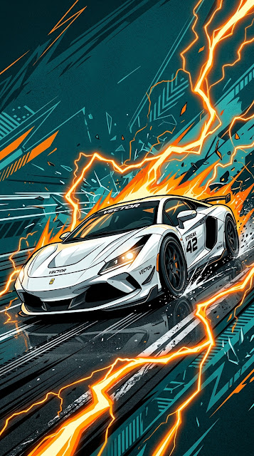 White Sports Car Speeding on Road with Orange Lightning Trails - Free mobile Wallpaper
