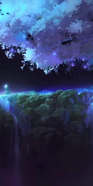 Fantasy Landscape, Digital Art, Glowing Waterfall, Magical Tree 4K Wallpaper Background