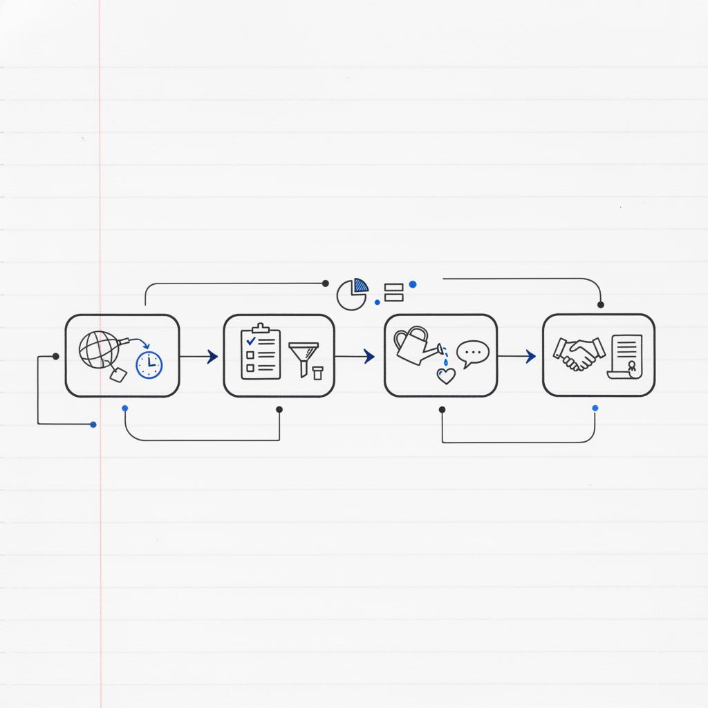 Close-up white notebook sketch of a CRM for lead generation pipeline with icon-only stages (capture with circled 1-hour clock icon, qualify, nurture, close), thin arrows, minimal palette #39383f and #1a5bfb accents.