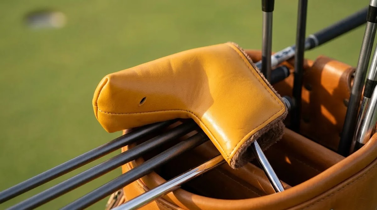 Why use a putter cover: fitted leather protection helps prevent contact damage inside a golf bag.