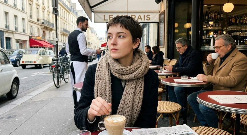 Imagen fotorrealista de la terraza de un café en el barrio de Le Marais de París en marzo de 2025.