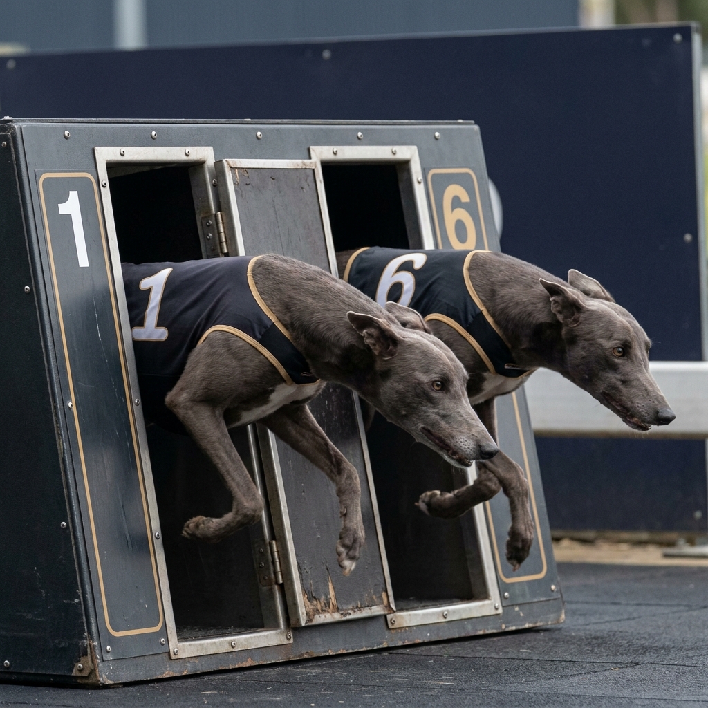 Close up race replay of two greyhounds jostling at the break with starting boxes in the foreground minimalist Funded Plays style image for greyhound racing bets