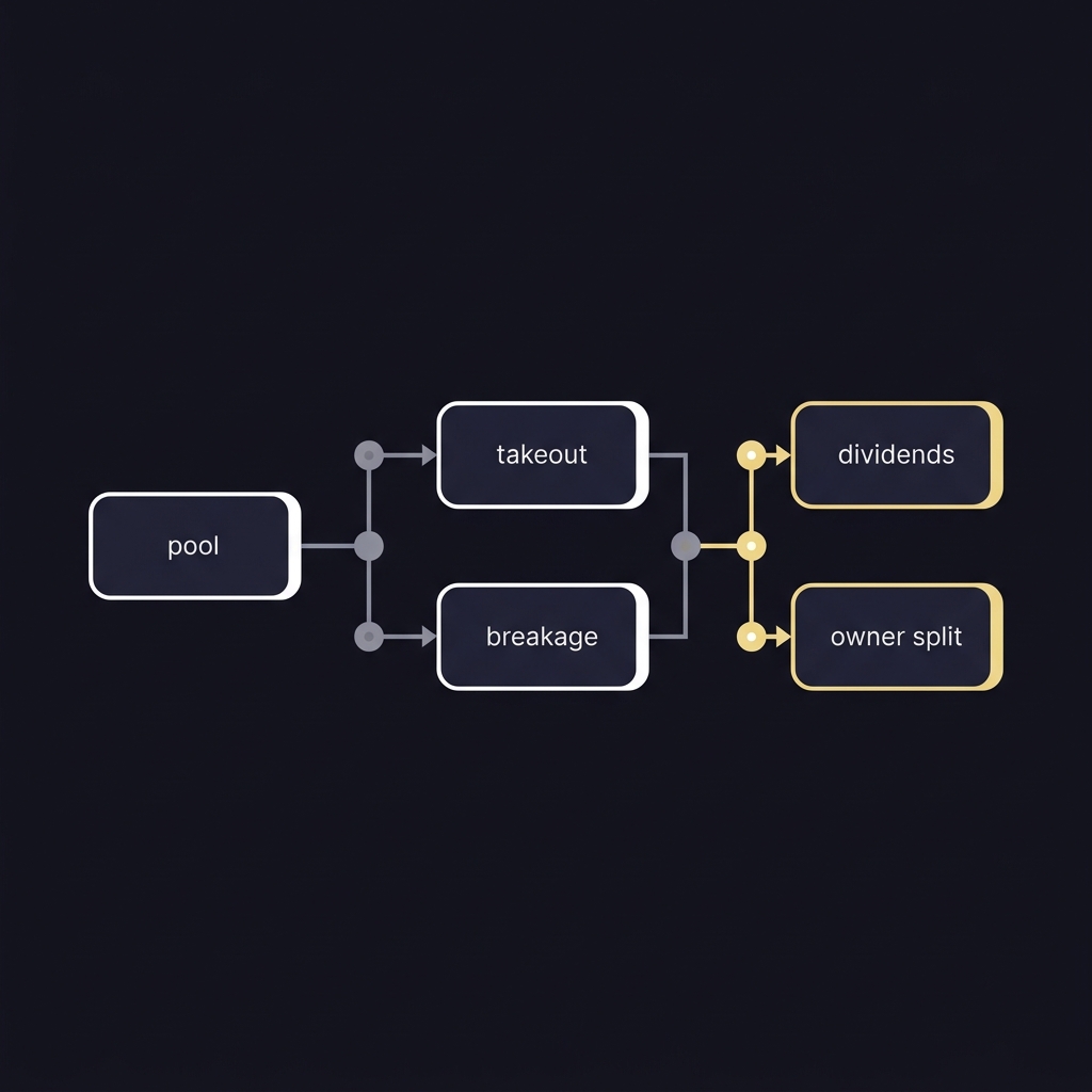 Minimal 2D vector infographic showing pool takeout breakage dividends and owner split flow for payout calculator horse racing in Funded Plays colors