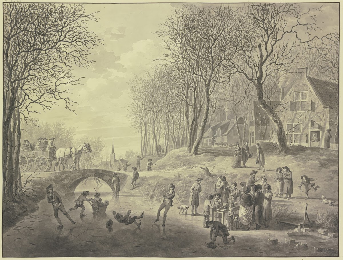 Winterlandschaft Schlittschuhläufer auf dem Kanal über den eine steinerne Brücke