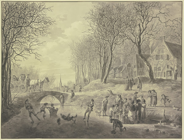 Winterlandschaft Schlittschuhläufer auf dem Kanal über den eine steinerne Brücke
