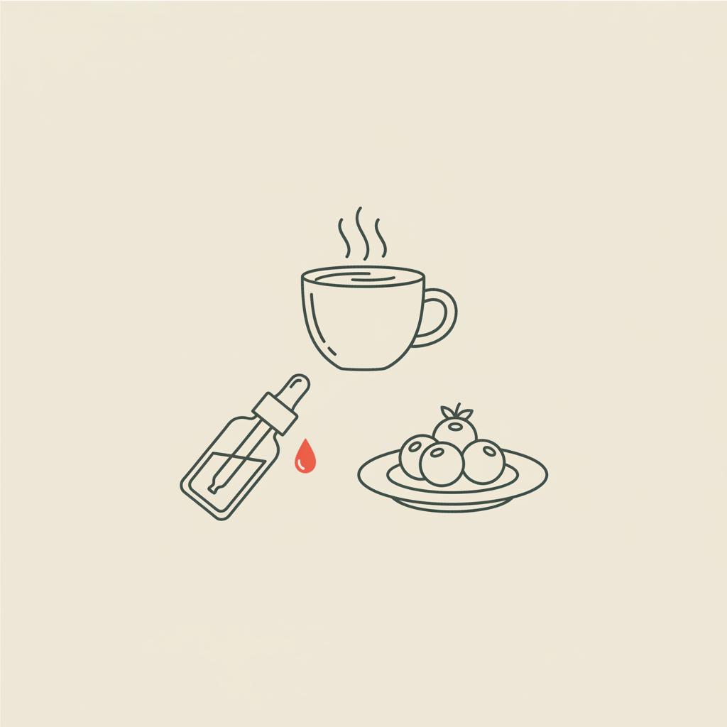 Minimalist Tonum-style line illustration of a coffee cup, a dropper bottle, and a plate of berries on beige background — MCT oil for fat loss