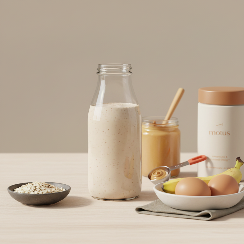 Minimal still-life of a homemade high-calorie shake with oats, banana, nut butter and a Tonum Motus jar, illustrating downsides of mass gainers.