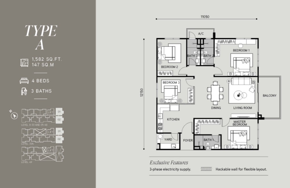 Tangen Residence Type A floor plan — 1582 sq ft, 4 bedrooms
