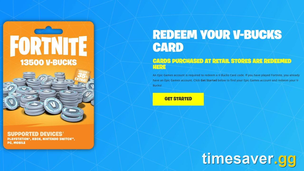 Epic's official "Redeem your V-Bucks Card" page — cards purchased at retail stores are redeemed here after signing in to your Epic Games account.