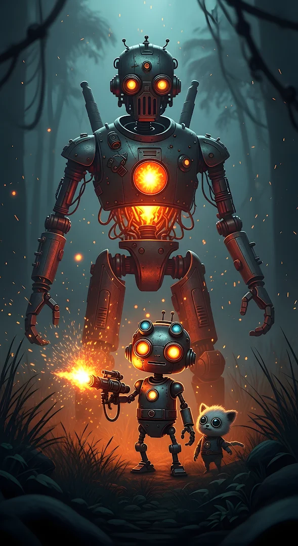 Steampunk Robots and Cute Companion in Dark Forest