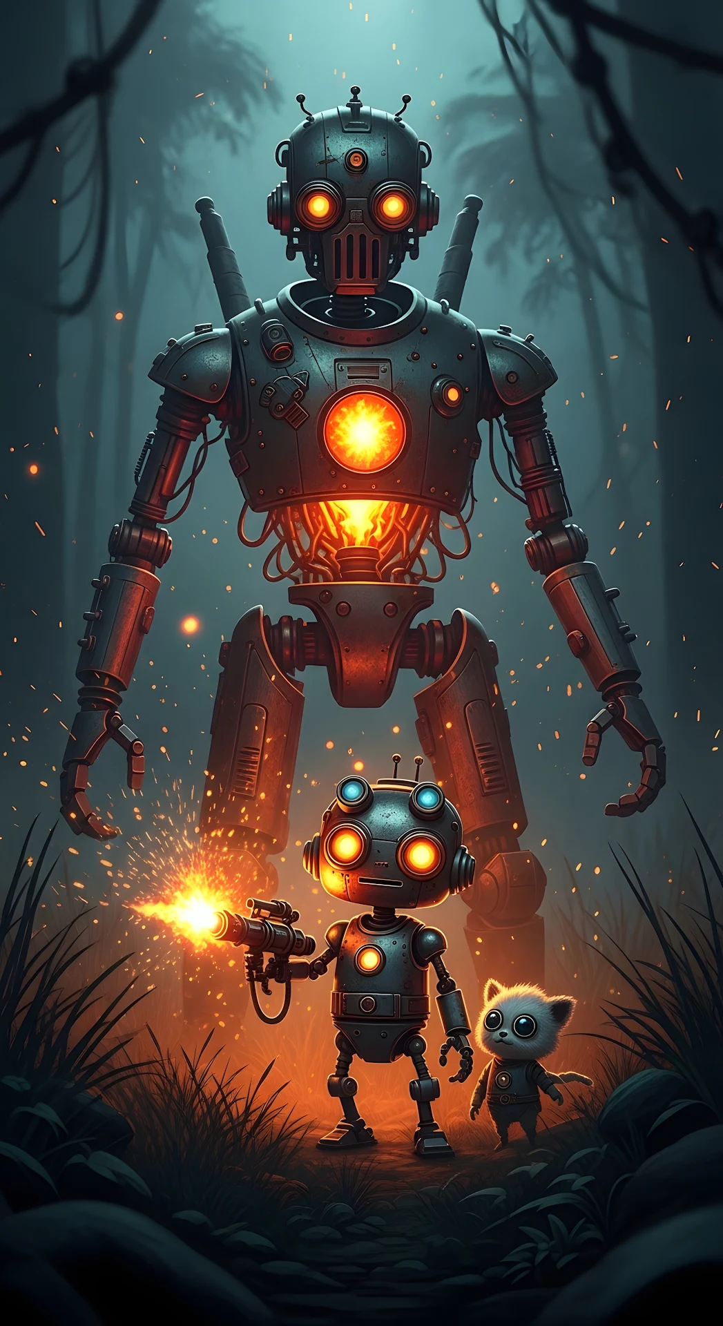Steampunk Robots and Cute Companion in Dark Forest - Free 4K mobile Wallpaper