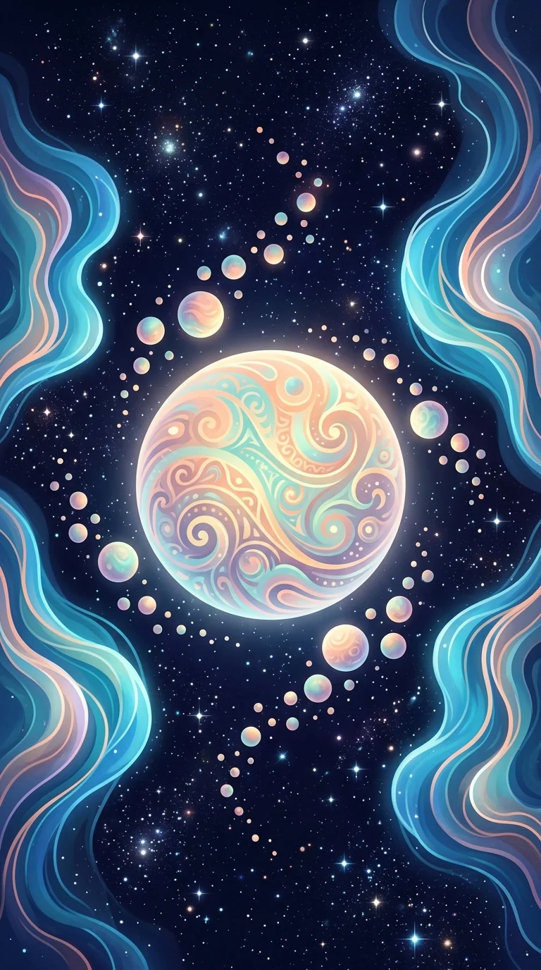 Abstract Pastel Galaxy Landscape with Swirling Spheres - Free 4K mobile Wallpaper