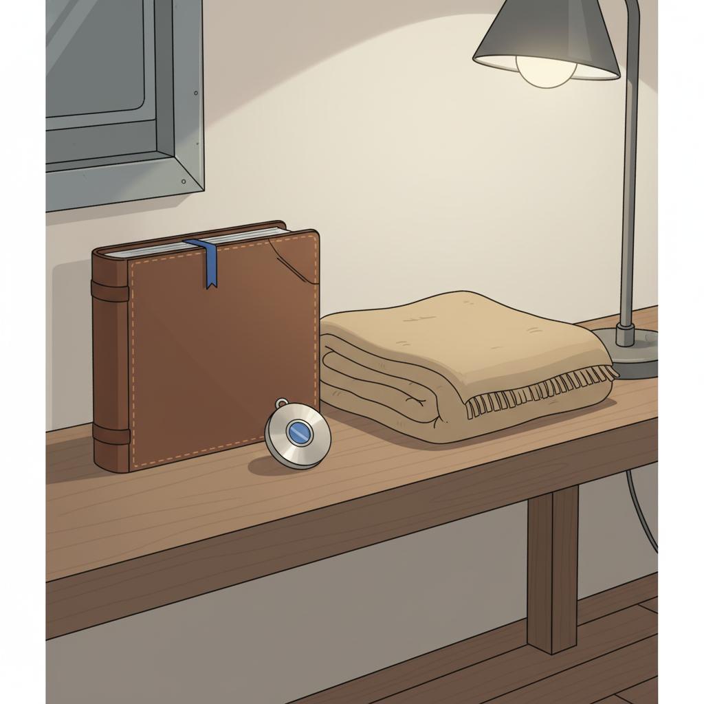 Minimalistisches 2D-Vektor-Close-up: Leder-Fotoalbum, Edelstahl-Anhänger und gefaltete Decke auf Holzbank bei warmem Licht, subtile #0044CC Akzente — geschenke für ältere eltern