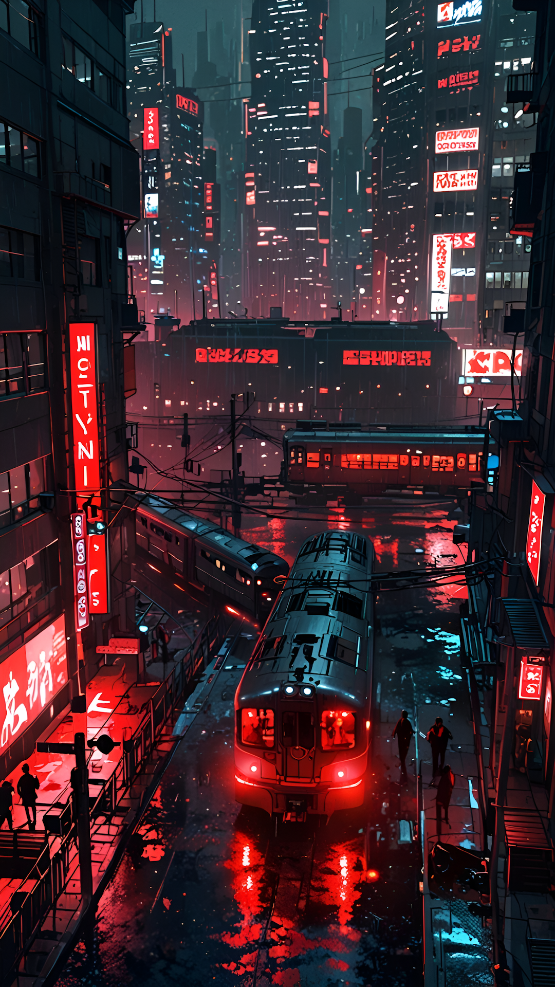 Rainy Cyberpunk City with Trains and Neon Signs at Night - Free 4K mobile Wallpaper