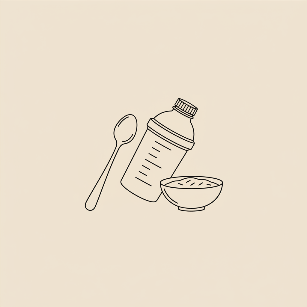 Minimalist Tonum-style line illustration of a protein shake bottle, spoon, and bowl of oats on a beige background — protein shakes without working out