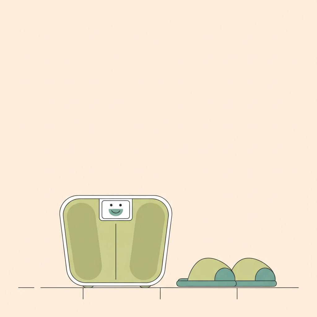 Minimalistische 2D-Vektorillustration einer Waage mit Smiley-Display und Hausschuhen auf #F7EDE6 Hintergrund, ruhige Vegardians-Farben – Symbol für gesund abnehmen