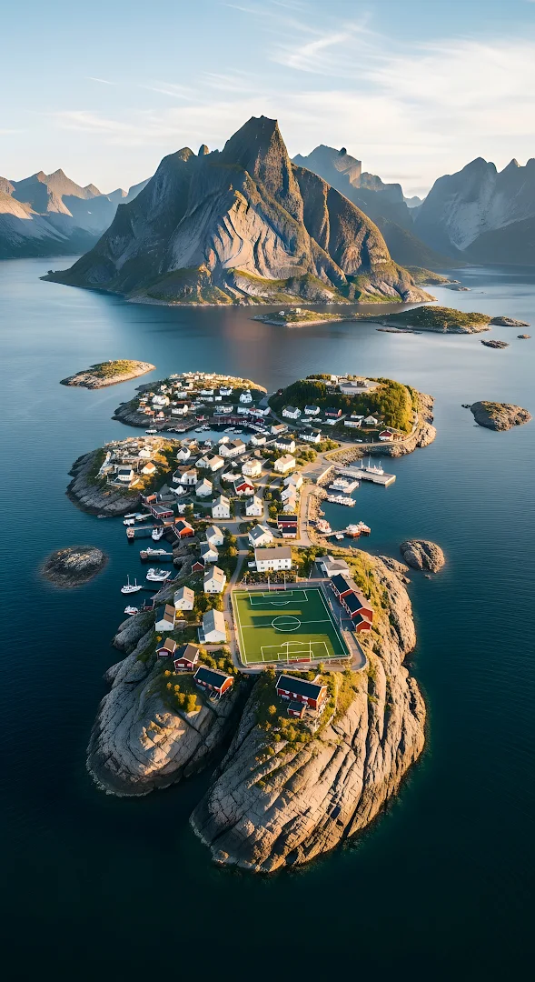 Aerial View Lofoten Island Village Soccer Field Norway Fjord