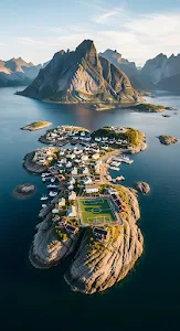 Aerial View Lofoten Island Village Soccer Field Norway Fjord