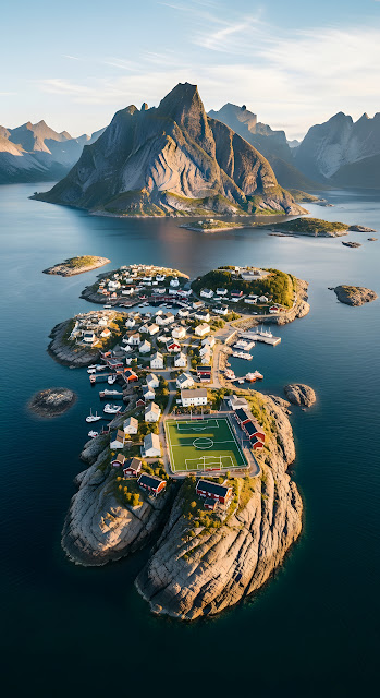Aerial View Lofoten Island Village Soccer Field Norway Fjord - Free mobile Wallpaper