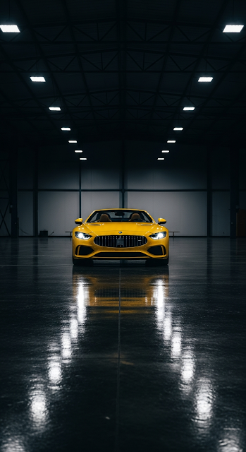 Bright Yellow Luxury Convertible Sports Car Reflected on Wet Dark Industrial Garage Floor - Free mobile Wallpaper