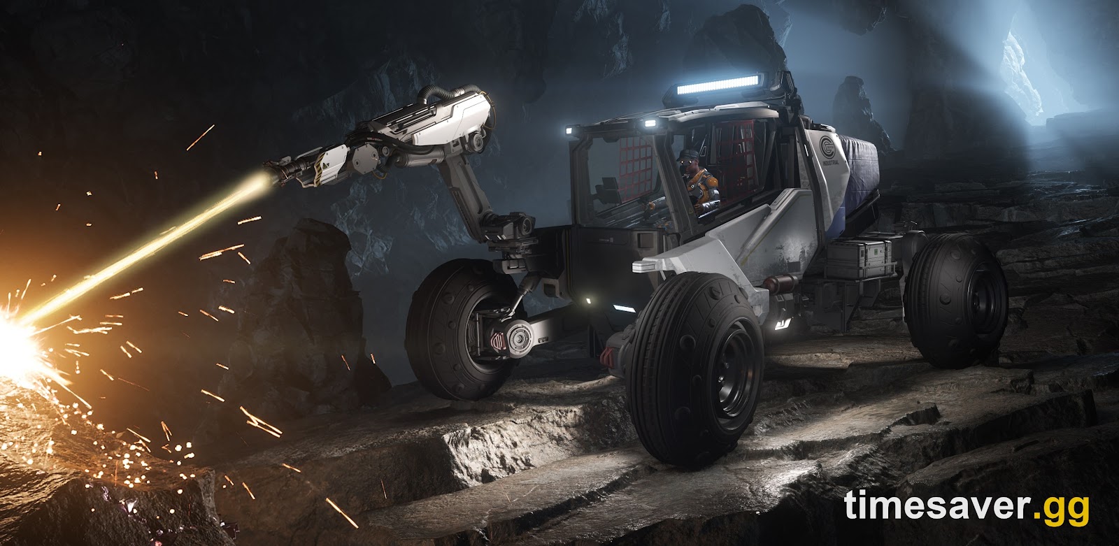 Greycat ROC ground vehicle mining a crystalline gem deposit inside a cave in Star Citizen