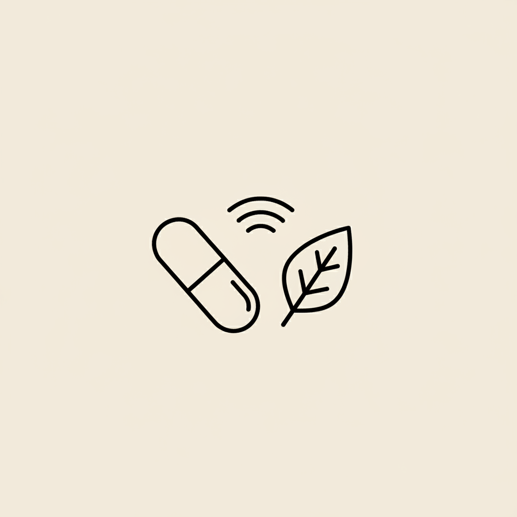 Minimal Tonum-style line illustration of a capsule, leaf and sound wave on beige background illustrating supplements and metabolism — Which vitamin helps to lose fat?